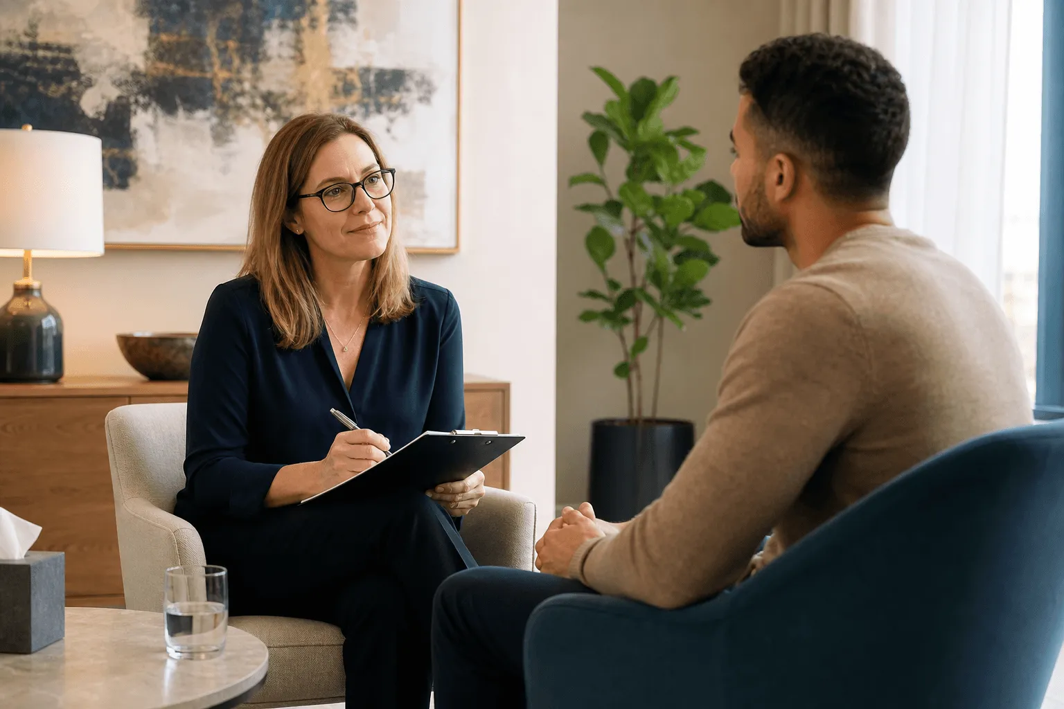 A clinician taking notes during a one-on-one ADHD consultation with an adult client.