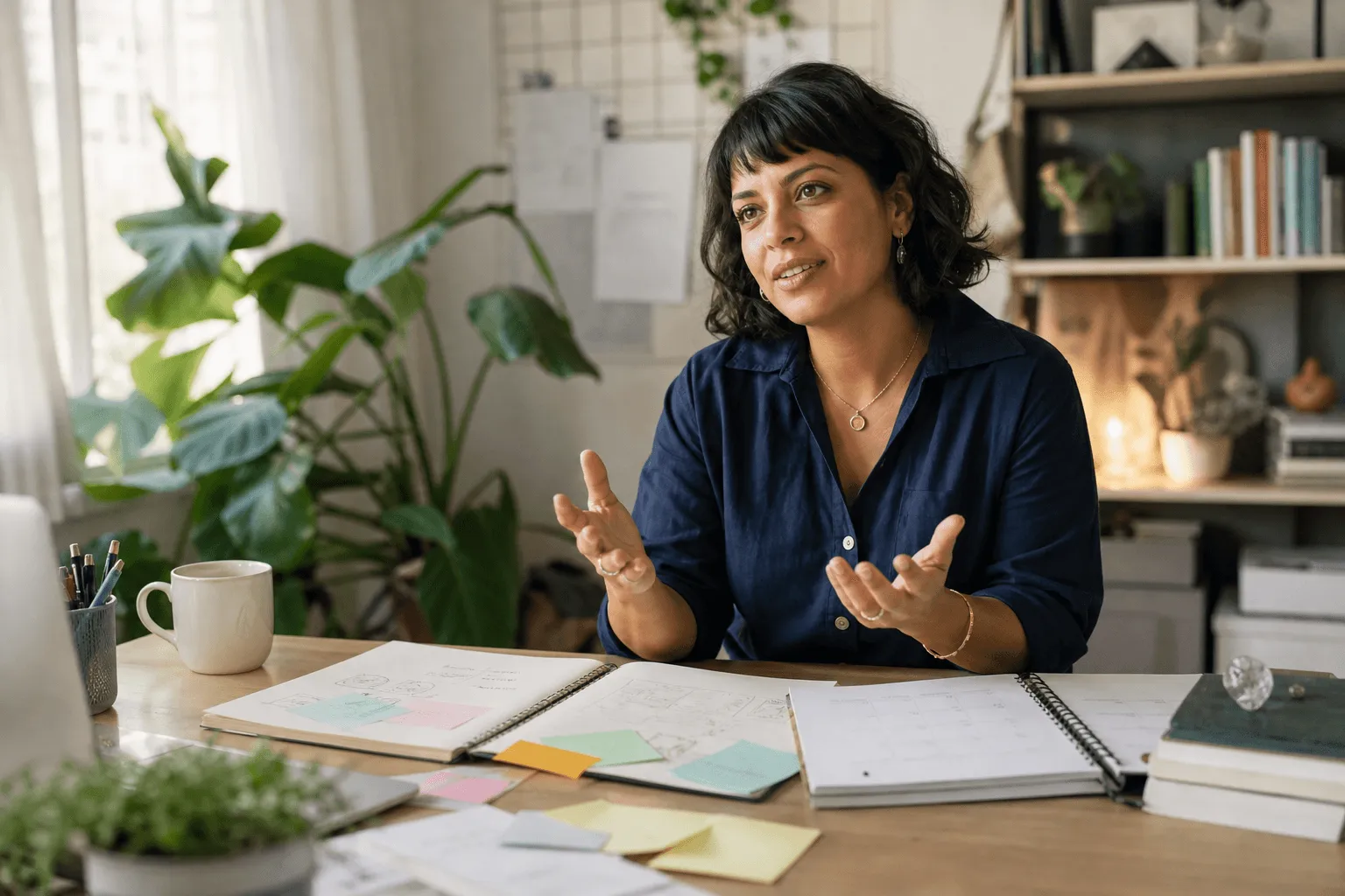 An adult in a workspace blending planners, shelves, sketchbook and post-its in animated conversation.