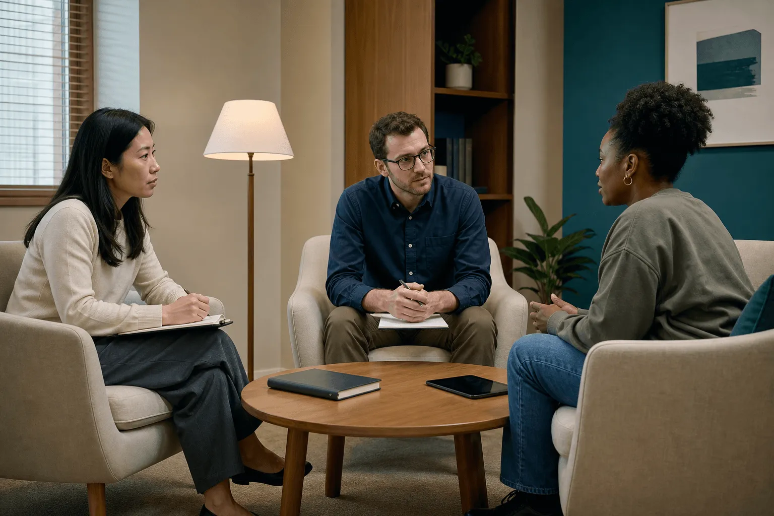 Two clinicians co-leading a discussion with a client about a combined assessment pathway.
