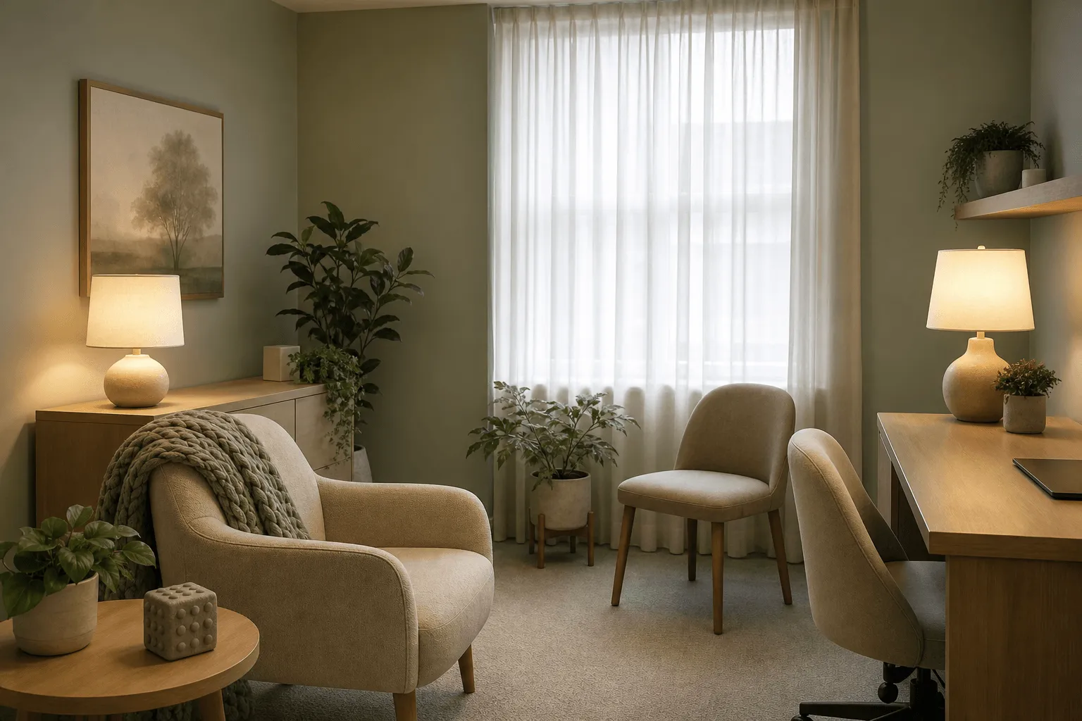 A sensory-considerate consulting room with soft lamps, muted tones, and a weighted throw.