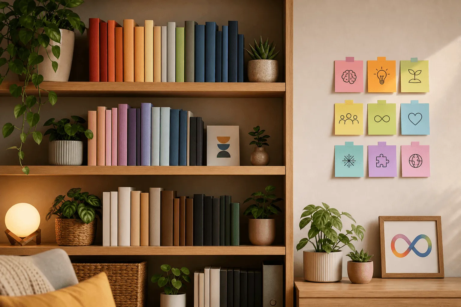 A bookshelf with grouped books, small plants and sticky notes suggesting curated article topics.