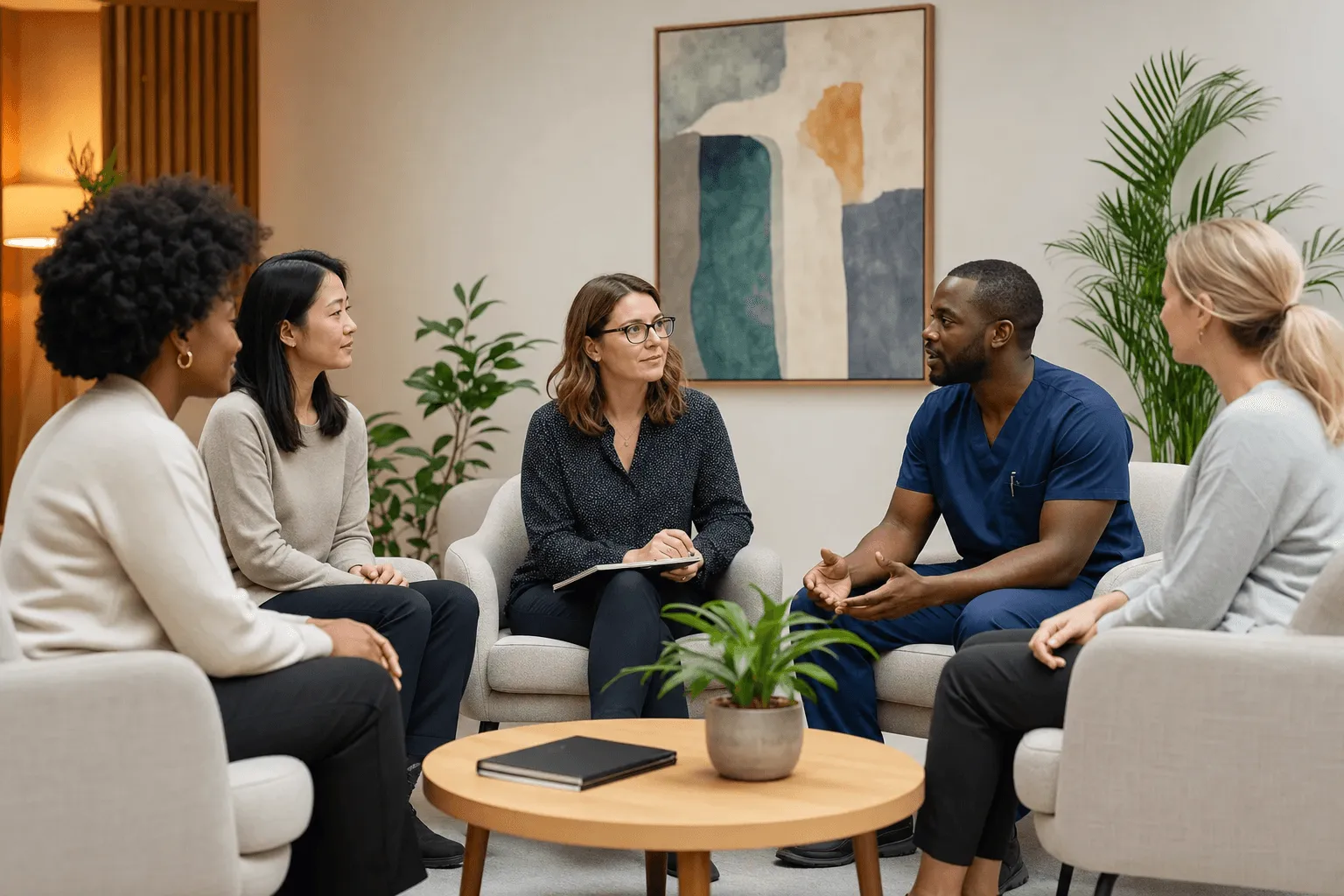 A diverse multidisciplinary clinical team talking together in a welcoming clinic lounge