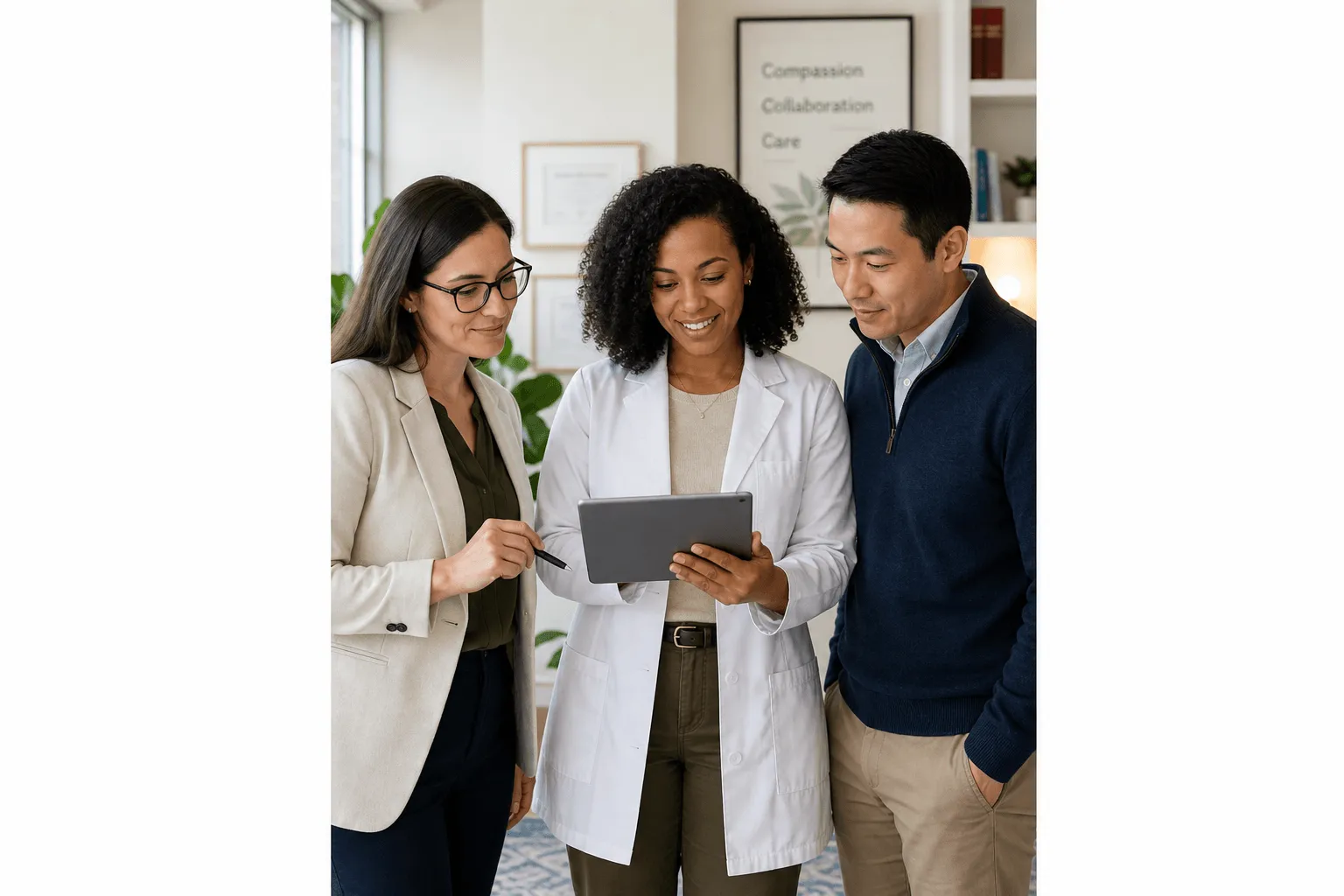 A multidisciplinary healthcare team of three professionals discussing care