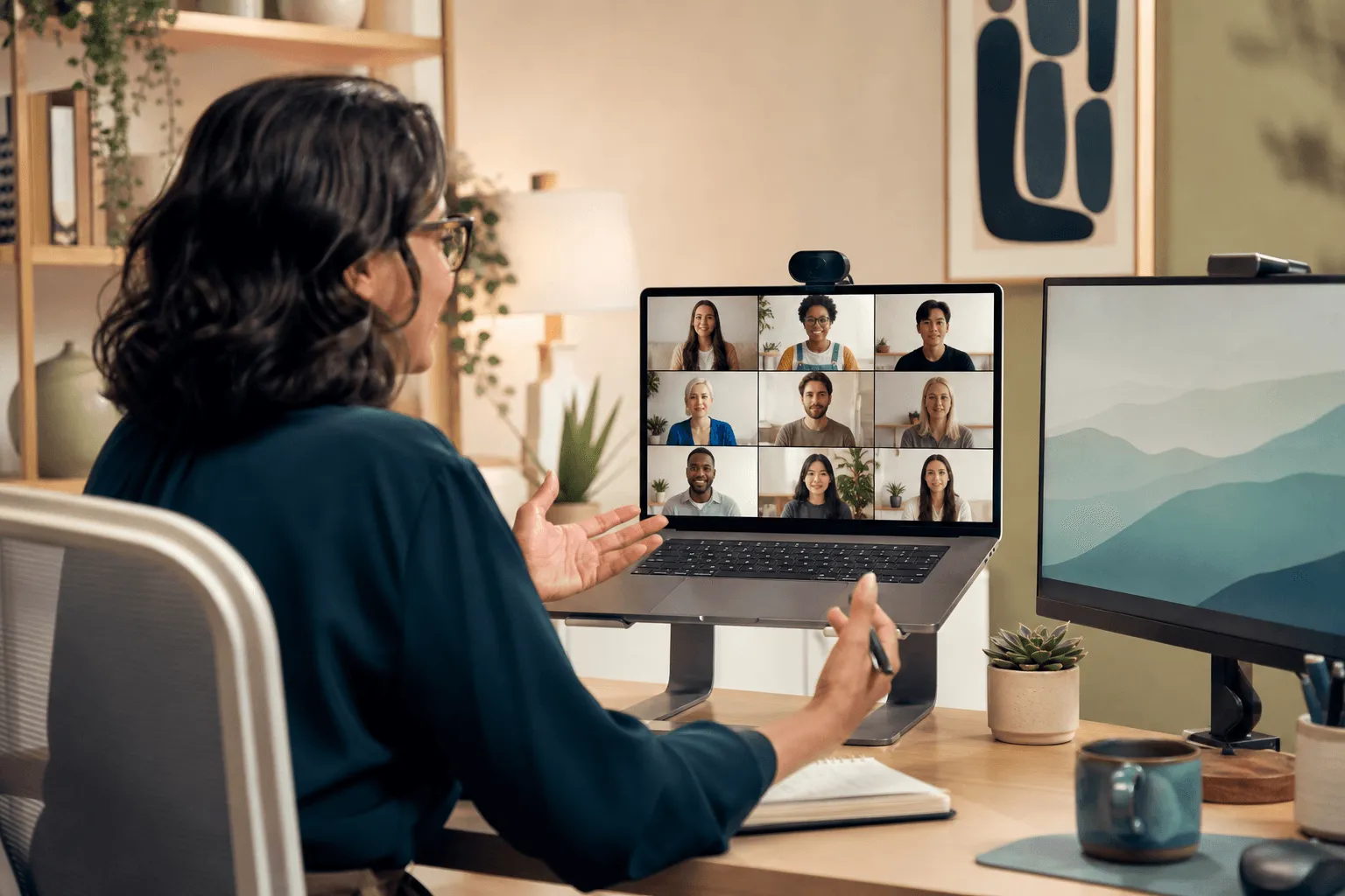 A clinician on a laptop video consultation in a warm home office, conveying remote nationwide care.
