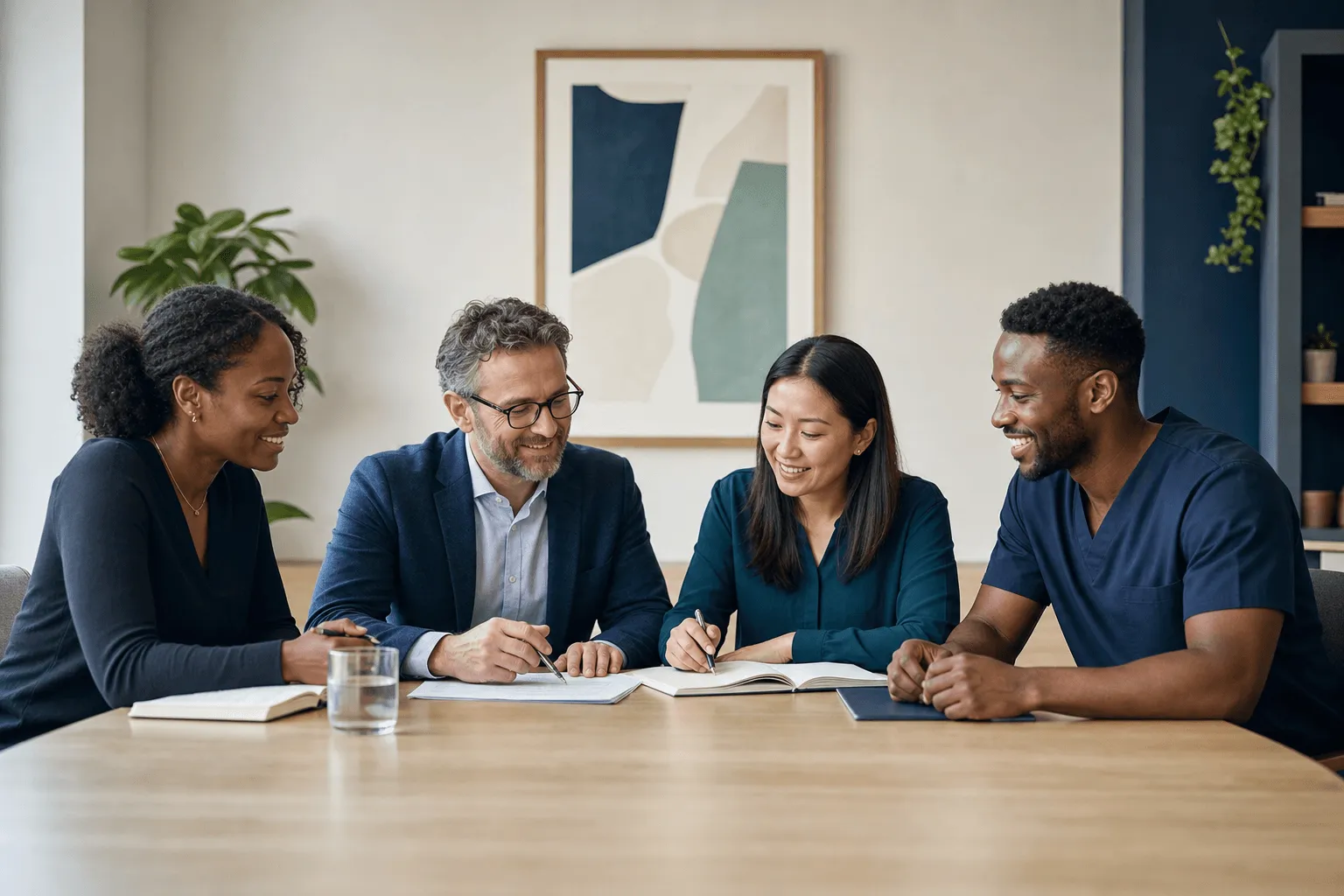A diverse multidisciplinary clinical team collaborating around a desk in a modern clinic.